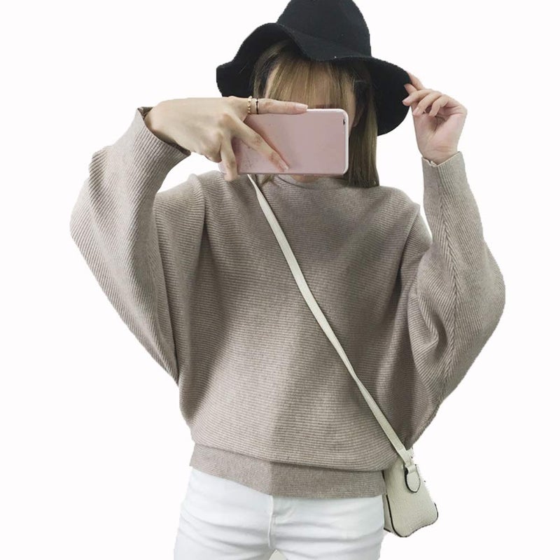 Ckikiou Womens Lightweight Oversized Boat Neck Sweaters Tops Dolman Batwing Sleeve Ribbed Knitted Pullovers Khaki - Image 3